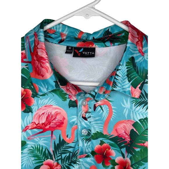 Yatta Polo Golf Shirt Mens MEDIUM Pau Hana Blue Performance Flamingo Hawaiian - Picture 4 of 7